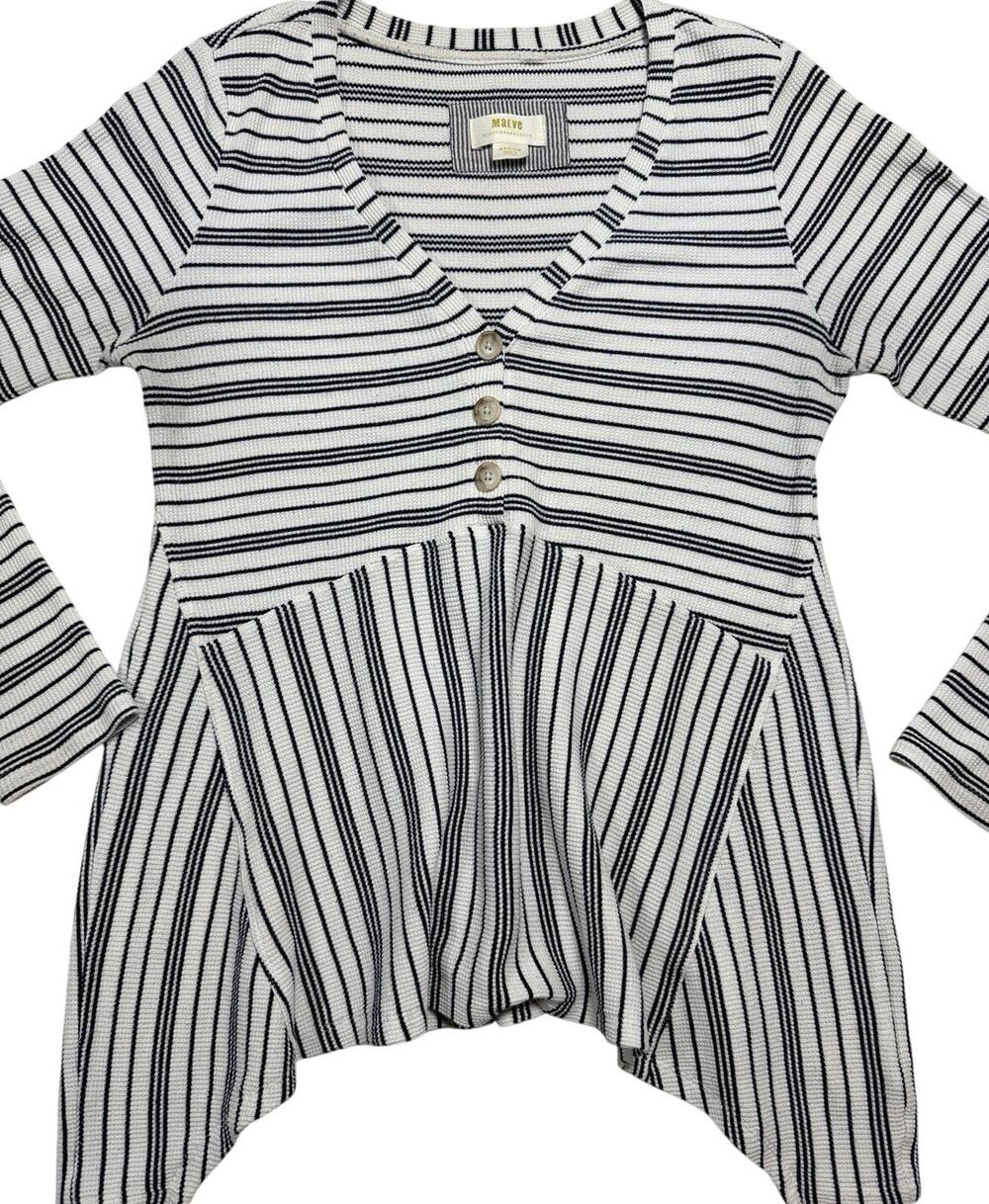 Maeve Anthropologie Striped Henley Waffle Knit Peplum Top Size Medium Grey